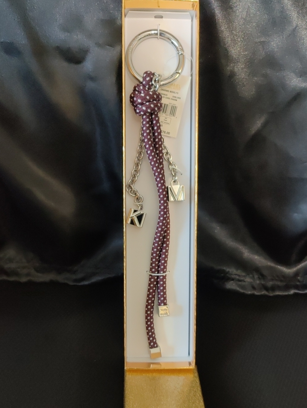 Michael Kors Plum Polka Dot Rope Keychain with Silver MK Charms